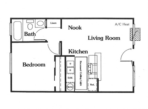 Floor plan for 1 bed, 1 bath, 610 sqft